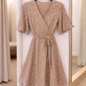 Neutral Wrap Dress with Flutter Sleeves